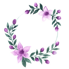 Watercolor round frame made of colorful hand painted pink flowers