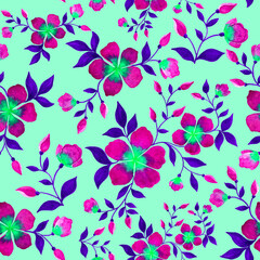 Seamless pattern made of pink flowers on pale blue background