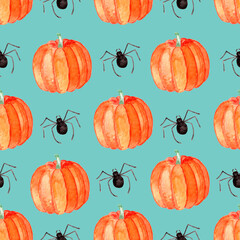 Watercolor pattern made of pumpkin and spiders