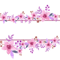 Fototapeta na wymiar Hand drawn watercolor flower design element with blank line. Rectangle copy space with pink flowers isolated on white background