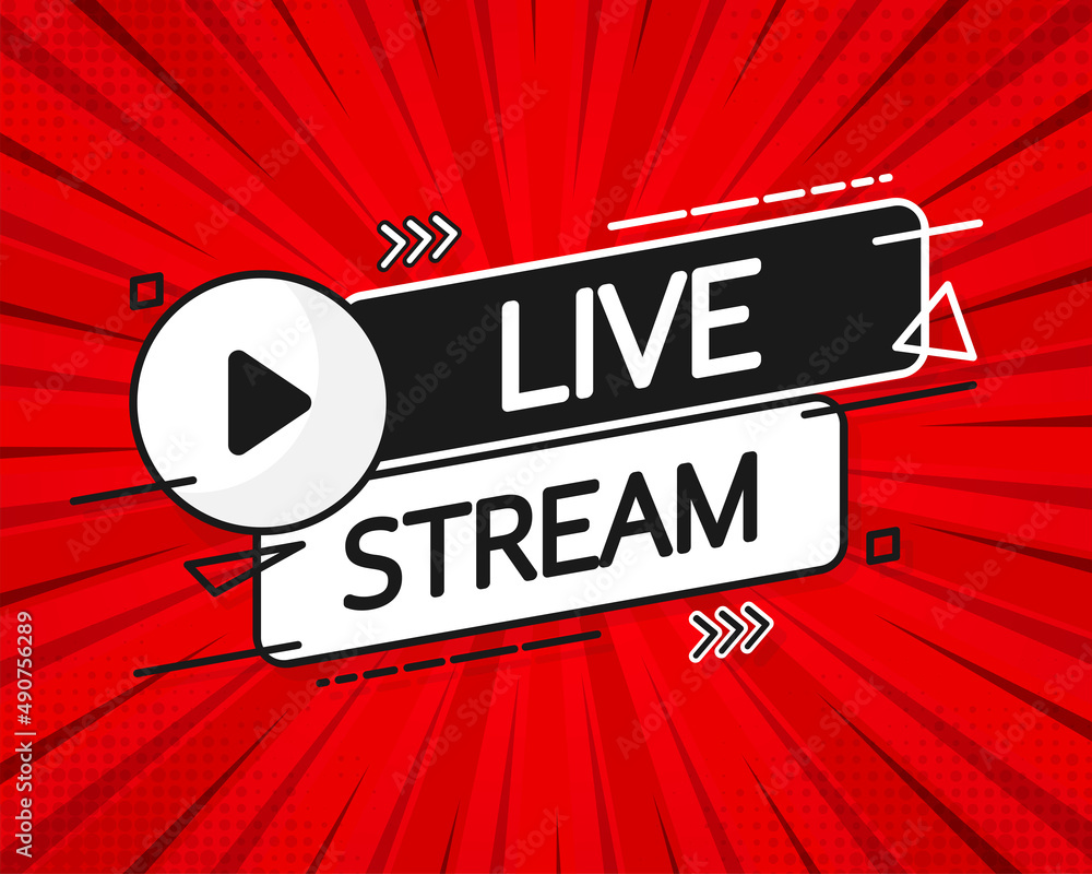 Poster live stream logo - red vector design element with play button for news and tv or online broadcasting