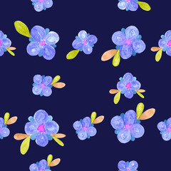 Hand painted watercolor seamless pattern with cute blue flowers on dark blue background. Aquarelle illustrations for printing fabric and textile.