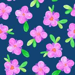 Seamless pattern made of pink flowers on a blue background