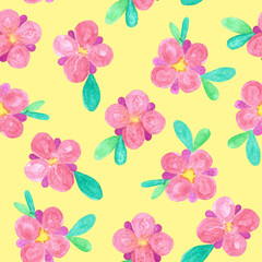 Seamless pattern made of pink flowers on a pale yellow background