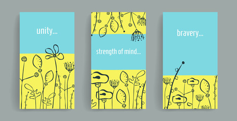 Naklejka premium Vector template with wildflowers on a patriotic Ukrainian yellow and light blue background for social media posts, stories, banners, mobile apps, web, advertising. Design with copy space for text