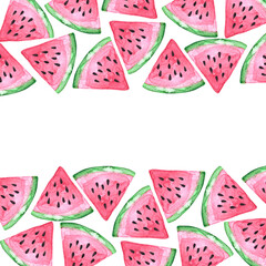 Creative layout made of hand drrawn watercolor sliced watermelon with copy space. Square format of pulpy watermelon illustration. Isolated