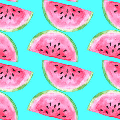 Hand painted juicy watercolor slices as seamless pattern on blue background.Design element for web or print