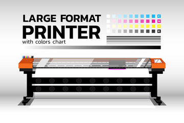 Orange color Large format UV Printer with CMYK colors chart. Industrial machine for banner sign advertising. Vector illustration with layers.