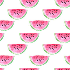 Isolated on white background watercolor bright pink ripe  watermelon slices as seamless pattern. Web design element and decoration for print