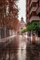 Rainy day in Murcia, with a cathedral in the background and trees in autumn