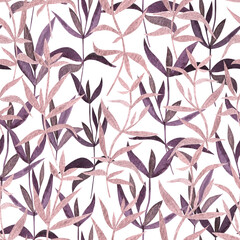 Hand drawn painted watercolor seamless endless botanical pattern with plants with purple orange leaves on white background.Web design element made of aquarelle illustration. Isolated