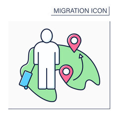 Internal migration color icon.Domestic migration. Human movements within the country. Travel for training and economic improvement. Immigration concept. Isolated vector illustration
