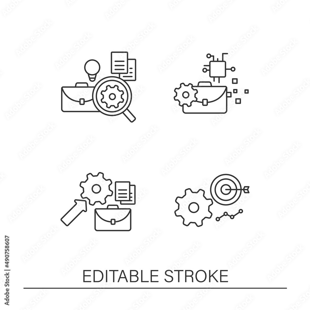 Aufkleber business automation line icons set. goals achieving, purchases order and delivery. business optimiza
