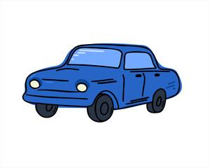Blue car isolated on white background. Hand drawn or doodle, flat vector illustration