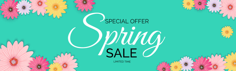Promotion offer, card for spring sale season with spring plants, leaves and flowers decoration. Illustration