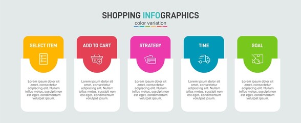 Concept of shopping process with 5 successive steps. Five colorful graphic elements. Timeline design for brochure, presentation, web site. Infographic design layout.
