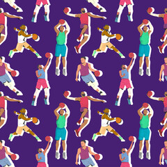 BASKETBALL PLAYERS ARE SHOWING SOME DIFFERENT MOVEMENTS. FLAT PATTERN DESIGN.