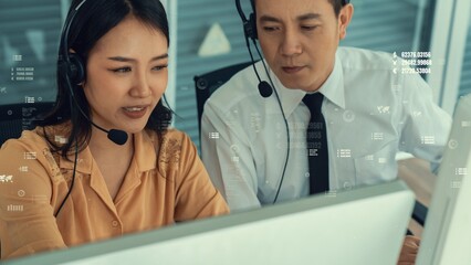 Customer support call center provide data in conceptual vision . Business and communication technology concept .