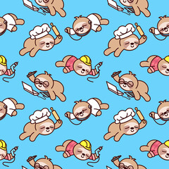 CUTE SLOTH IS WEARING DIFFERENT COSTUMES. CARTOON PATTERN DESIGN.