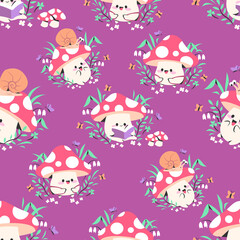 Naklejka premium THE CUTE MUSHROOM CHARACTER IS PLAYING WITH A SNAIL, READING A BOOK AND WALKING. FLAT PATTERN DESIGN.