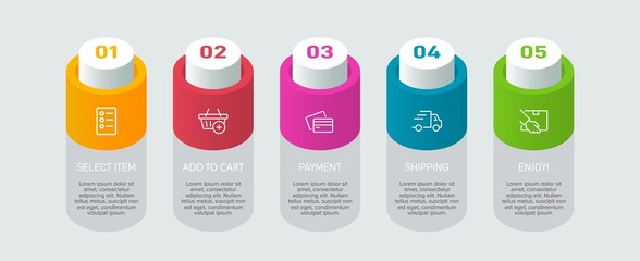 Concept of shopping process with 5 successive steps. Five colorful graphic elements. Timeline design for brochure, presentation, web site. Infographic design layout.