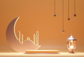 Ramadan Kareem background. Moon, stars, Fanus lantern on Muslim feast. Holy islam religious month. Ramadan mubarak 3d render illustration for muslim community. Podium, pedestal, mosque on night sky.