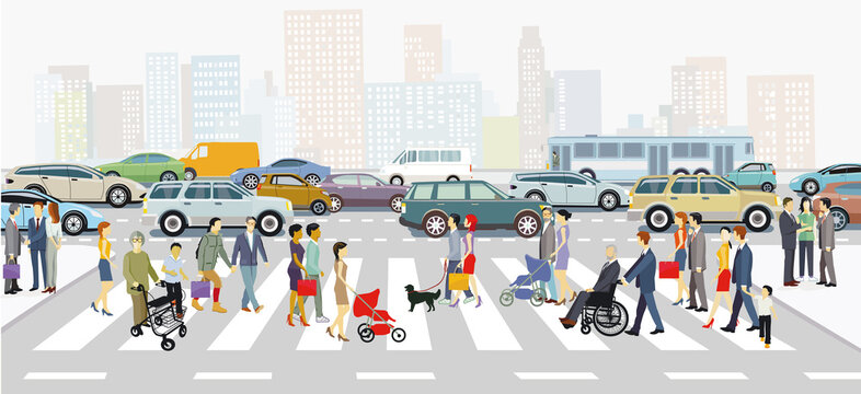 Stadtsilhouette mit Familien auf dem Zebrastreifen und Straßenverkehr, Illustration