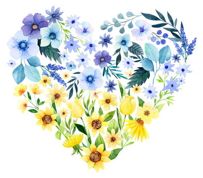 Pray for Ukraine illustration. Ukrainian national flag. Peace and freedom. Save Ukraine. Flower heart watercolor illustration. Blue and yellow flowers