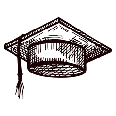 Graduate hat sketch isolated. Vintage element education in hand drawn style.