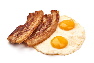 Fried Bacon with eggs, american breakfast, isolated on white background.