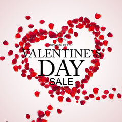 Valentines Day Sale, Discount Card with Rose Petals. Illustration