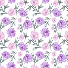 Seamless watercolor floral pattern - pink and purple roses composition on white background, perfect for wrappers, wallpapers, postcards, greeting cards, wedding invitations, romantic events.