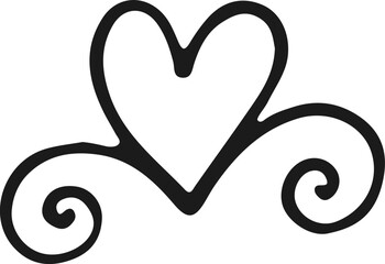 Vintage decorative heart with curve, romantic black illustration