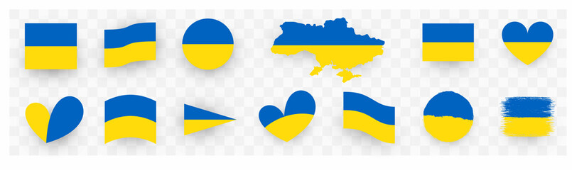 Ukraine flag set. Ukraina map on a transparent background. Ukrainian flag with a Pray for Ukraine concept icon. Vector illustration.