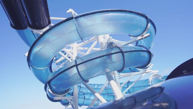 4k, Water park slide pipe or float tube on the cruise liner ship in the open sea