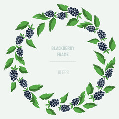 Vector round wreath with blackberries and green leaves on twig. Berry design for invitations, packaging, posters, banners, weddings, etc. - 490761808