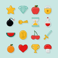 sixteen pixelated items