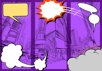 Comic book layout template,speech bubbles on a city backgrounds. Design industry for posters, placards,banners, flyers. Hand drawn illustration.