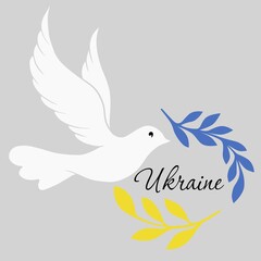 Symbol of peace, dove bird. Ukraine lettering with olive branch.