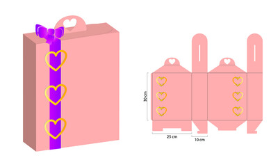  Gift box with handle Prepared for real cardboard production. (Internal measurement 25x30x10cm) With Vector Illustration of the Gift Box.