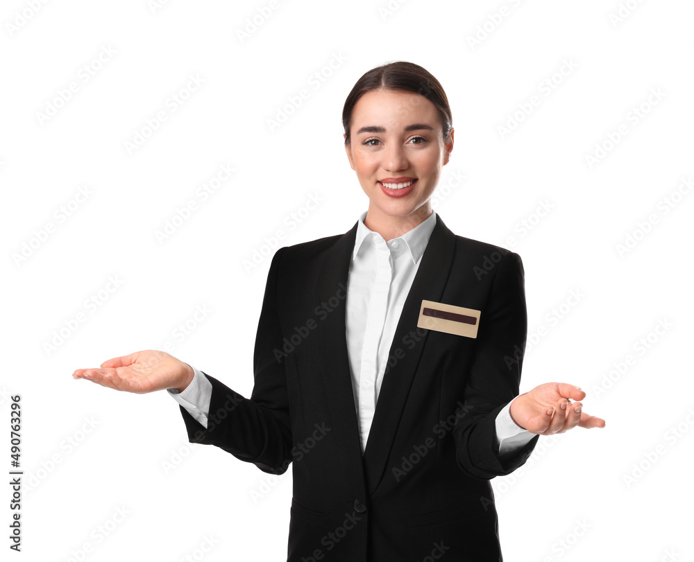 Poster Portrait of happy young receptionist in uniform on white background