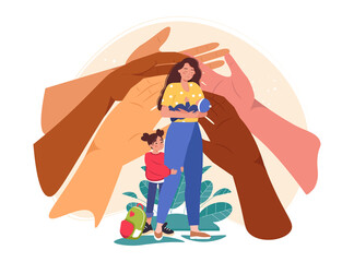 Concept of support and protection of ukrainian single mothers with babies. Helping hands and help from family and society for mothers with children from ukraine. Motherhood support vector illustration
