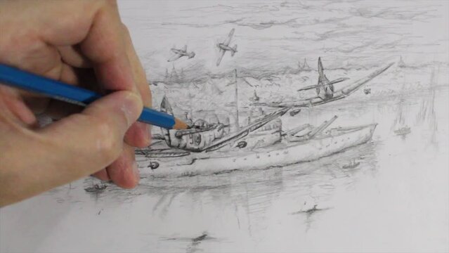 Hand drawing a picture of two piston engine plane fly over a flagship in the river.