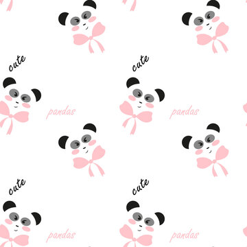 Seamless childish pattern with cute pandas and bows on a white background. Vector design for baby products, diapers, clothes, textiles, wrapping paper, prints, decorations, packaging.