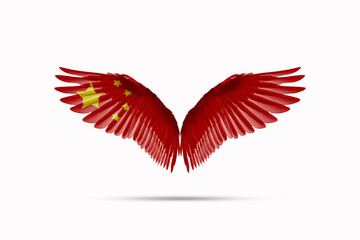 Chinese flag colored wings Isolated on white background, double exposure style. cutting path