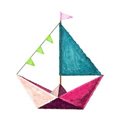 Paper boat on white. 
Color illustration of a paper boat with a colored sail. Oil paints. Spring colors. Idea for children's art, children's books, color books, greeting cards.