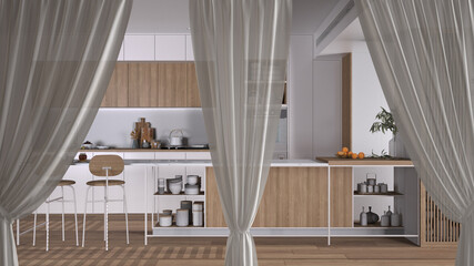 Obraz na płótnie Canvas White openings curtains overlay modern wooden kitchen, interior design background, front view, clipping path, vertical folds, soft tulle textile texture, stage concept with copy space