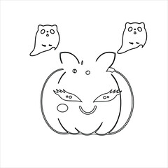Cute pumpkin vector illustration, funny cartoon character for children coloring page  for kids . black and white illustration 