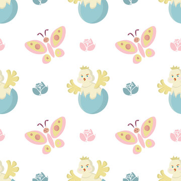 Seamless childish pattern with chicks, flowers and butterflies in pastel colors on a white background. Vector design for baby products, diapers, clothes, textiles, wrapping paper, prints, decorations.