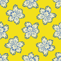 Abstract daffodil flowers vector seamless pattern background. Backdrop of bright yellow blue mix of flower heads backdrop. Hand drawn design in offset style. Spring floral botanical nature repeat